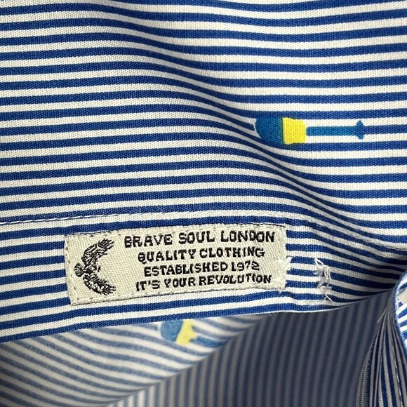 Brave Soul Top Mens XL Button Down Shirt Short Sleeve Blue Striped Work Casual - Picture 8 of 12